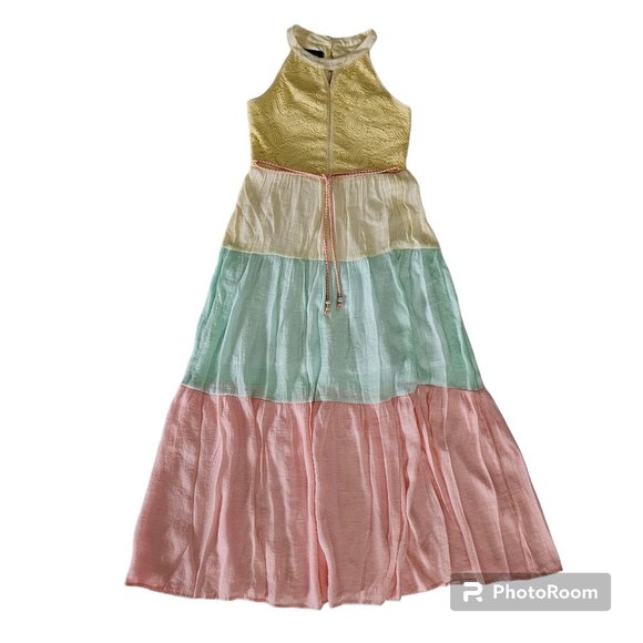 In Girl Women's Halter Neck Yellow Blue Pink Color Block Maxi Dress Size 12 - Picture 2 of 12